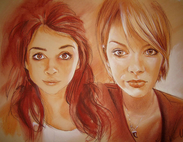 dessin sepia soeurs