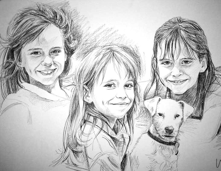 petites sœurs avec un caniche portrait crayon graphite