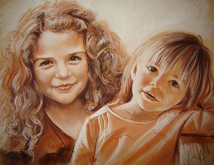 portraits deux petites pastel sépia 