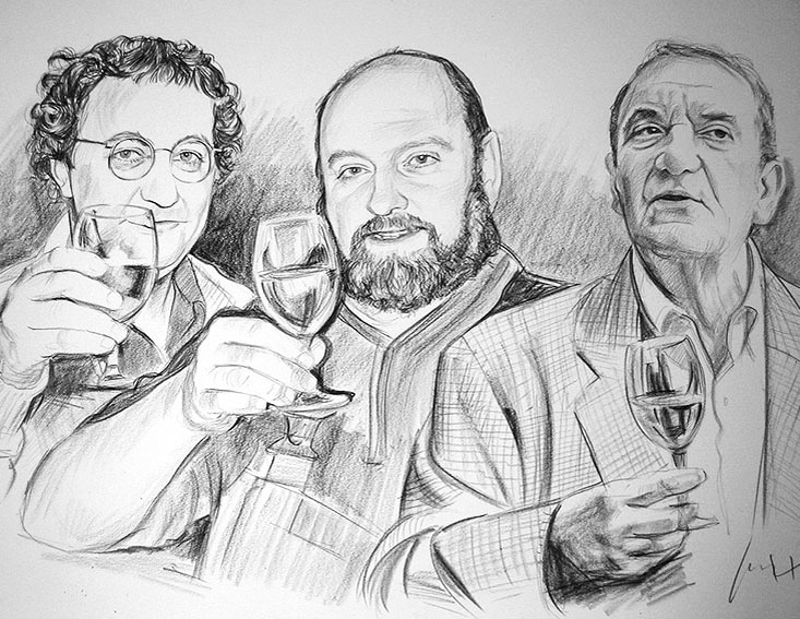 Coluche et Jean Carmet à la cave dessin au crayon